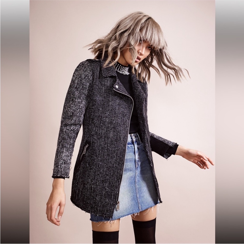 💗 BCBGeneration Pea Coat (S)- GREEN & BLACK Tweed Jacket with Leather Accents💗
